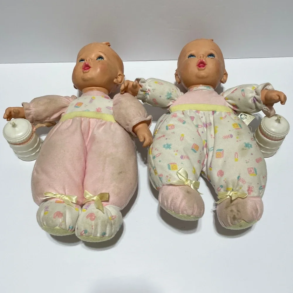Vintage 1995 Toy Biz Gerber Baby Head Dolls Set of 2 with Bottles Blue Eyes Pink